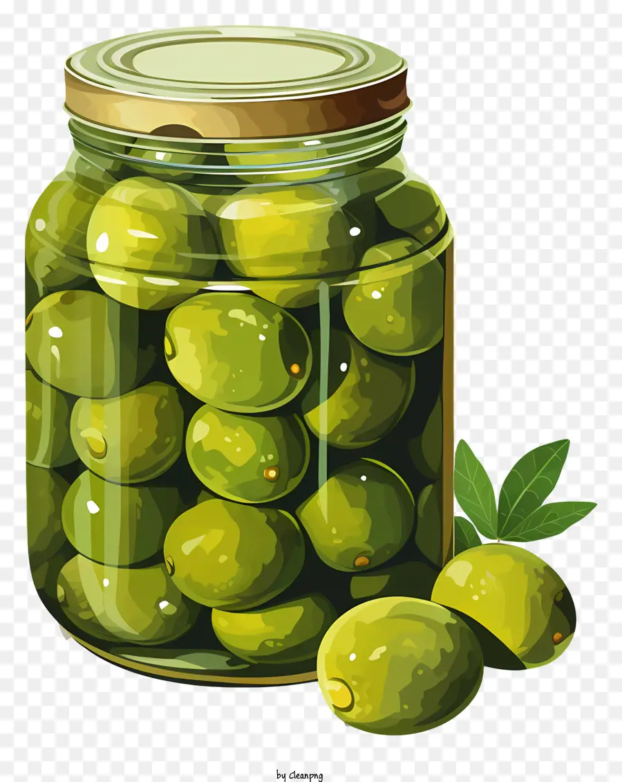 Aquarellgrün -Oliven im Glas Grüne Oliven Glas von Oliven faltig Oliven kreisförmige Muster - Grüne Oliven in kreisförmiger Anordnung, transparentes Glas