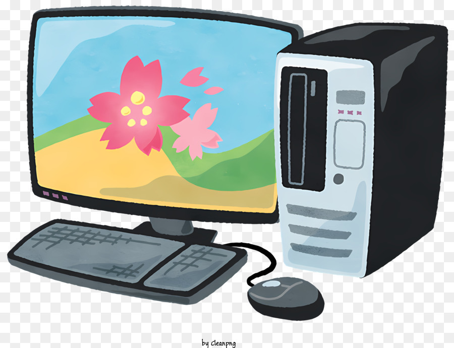 Computer -Computer -Blume -Desktop -Computerbildschirm - Desktop -Computer mit Blume auf dem Bildschirm und der Maus