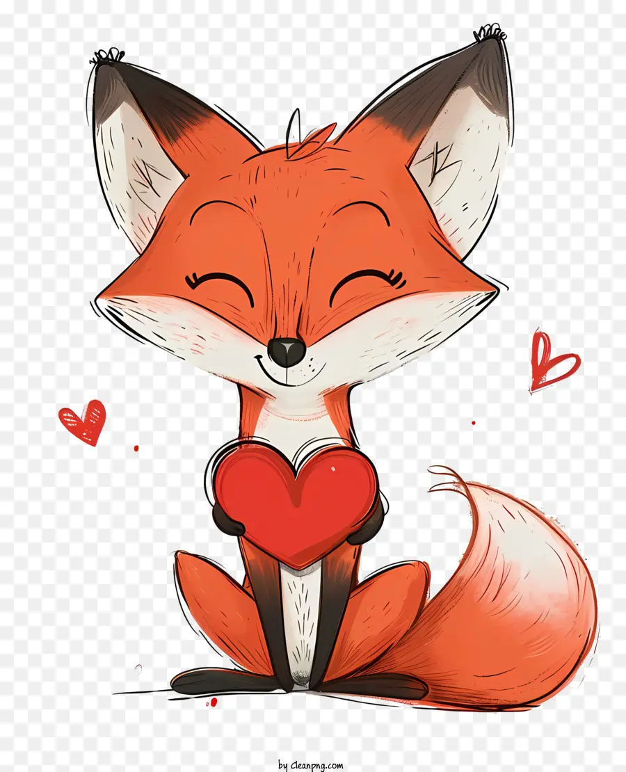 Valentine Fox hoạt hình cáo Fox ngồi haunches chân trước - Phim hoạt hình Fox giữ trái tim, mỉm cười với đôi mắt nhắm