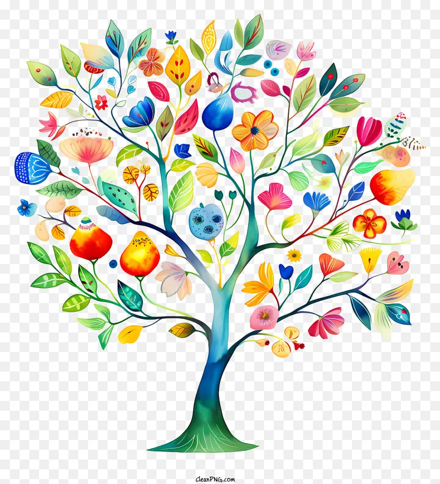 tu b´schevat farbenfrohe Illustration Baumblüten Blätterblätter - Buntes Baum mit Blumen, Schmetterlingen und Früchten