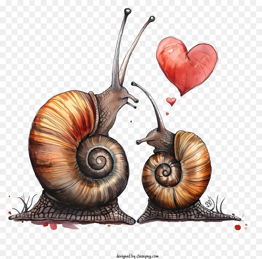 Valentine Snails Snails Shell Watercolors Red Heart - Due lumache che guardano le loro proiettili con un cuore