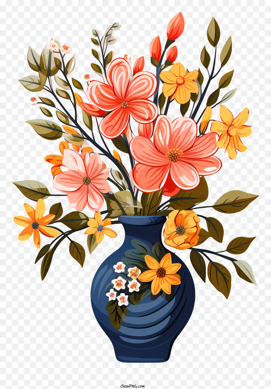 Fiore in stile doodle in vaso vaso blu fiori colorato sfondo nero Vaso traboccante - Fiori colorati in vaso blu traboccante su sfondo nero
