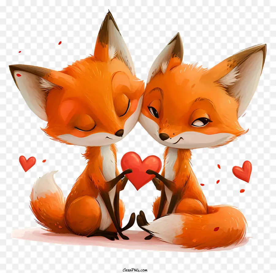 cáo valentine cáo yêu trái tim dễ thương - Hai con cáo với trái tim; 
Một người đang ngồi