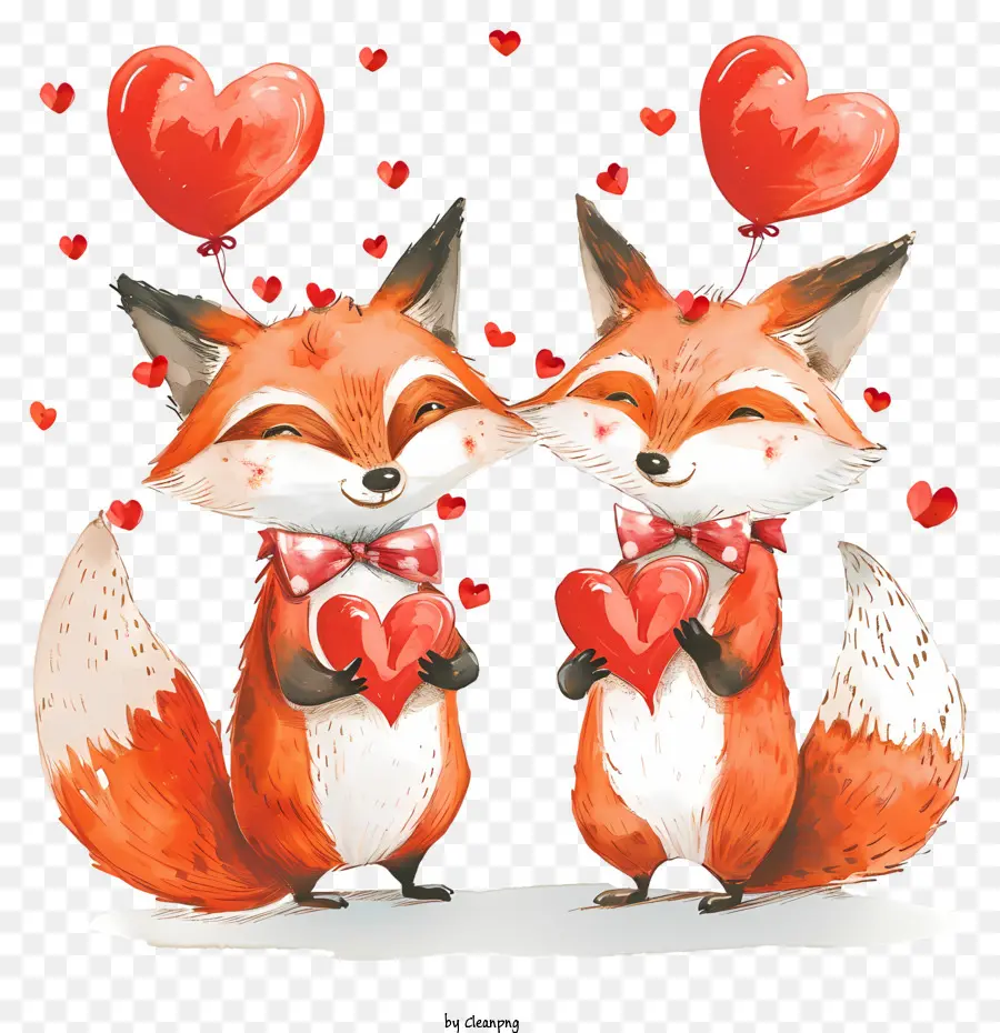 Holzboden - Zwei süße Füchse, die Herzen halten und romantisch lächeln