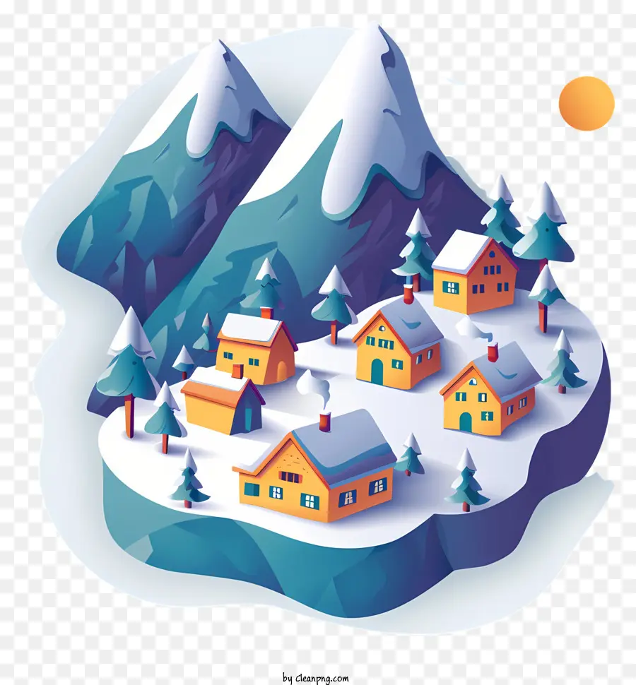 Winter Mountain Village Winter Village Snowy Hills Holzhäuser kleiner See - Schneedorf mit Holzhäusern und Hügeln