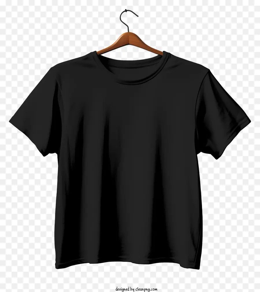 flat style black t shirt on cloth hanger black t-shirt wooden hanger short sleeves round neckline