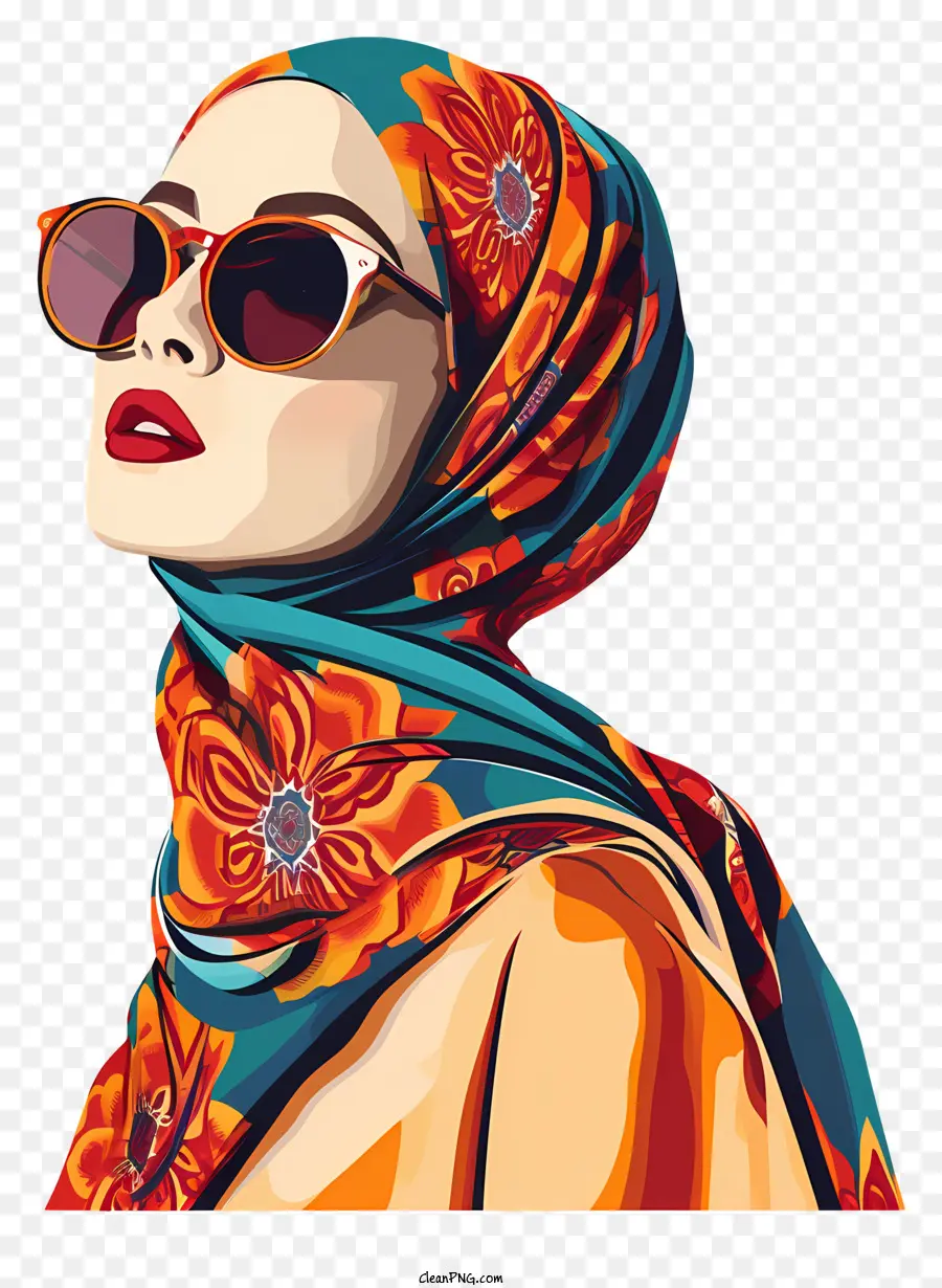 Isra und Mi'raj Frau Kopftuch Sonnenbrille Buntes Kleid - Ernsthafte Frau im Kopftuch und farbenfrohes Kleid