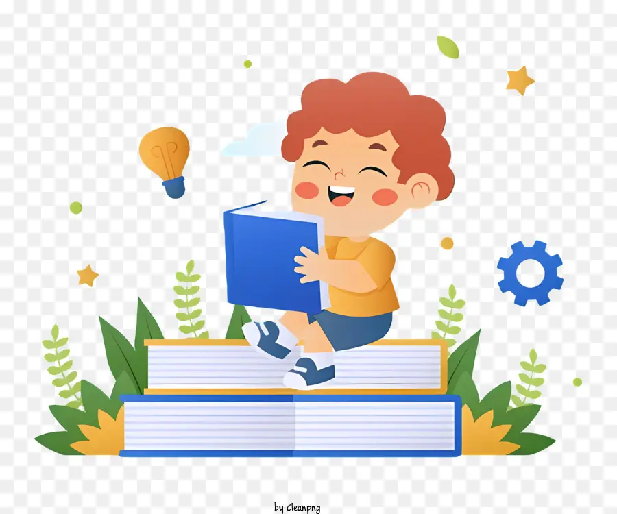 Stapel Bücher - Little Boy liest glücklich auf Buchstapel glücklich