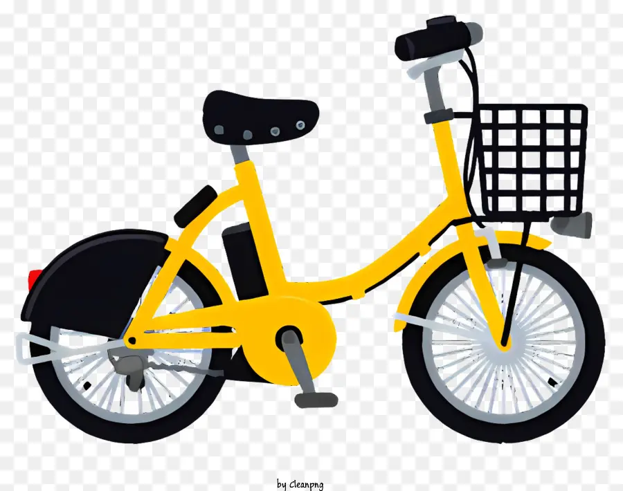 Fahrrad gelbes Fahrradfahrrad mit Korb -Lenkerkorb vorderen Rad in der Luft - Gelbes Fahrrad mit auf dem Boden geparkter Korb