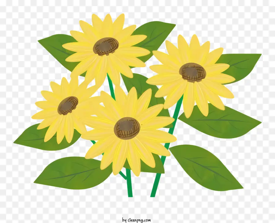 Blumenstrauß - Gelbe Sonnenblumen sind symmetrisch auf schwarzem Hintergrund angeordnet