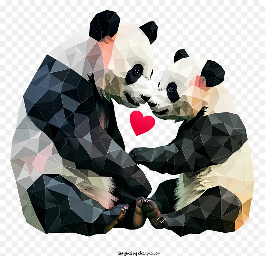 Valentine Panda Pandas Forest umarmt Liebe - Zwei niedrige polygonale Pandas umarmen sich mit Herzen