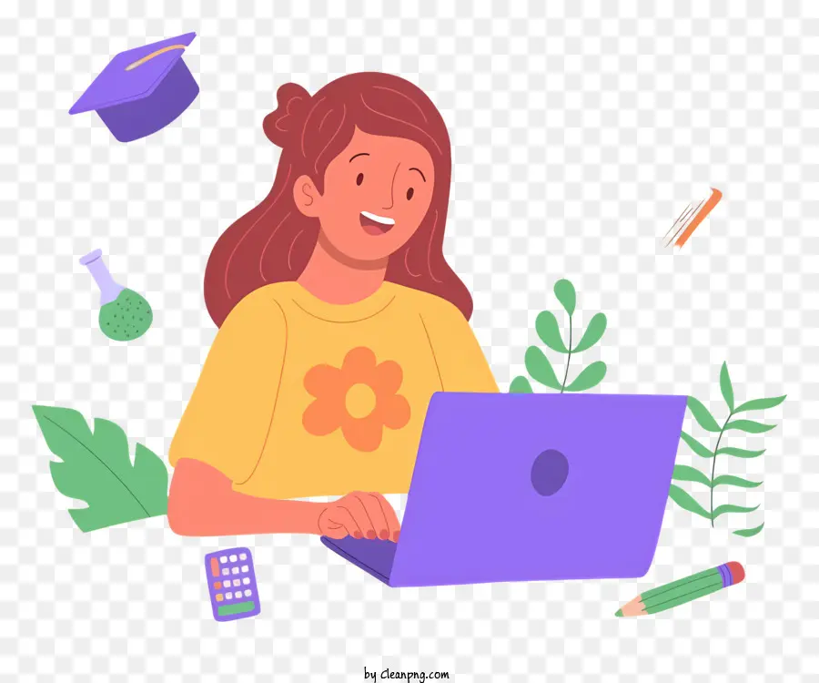 Cartoon Study Woman arbeitet an Laptop -gelben Hemd -Laptop -Büchern und Notizbüchern - Frau, umgeben von Objekten, die am Laptop arbeiten