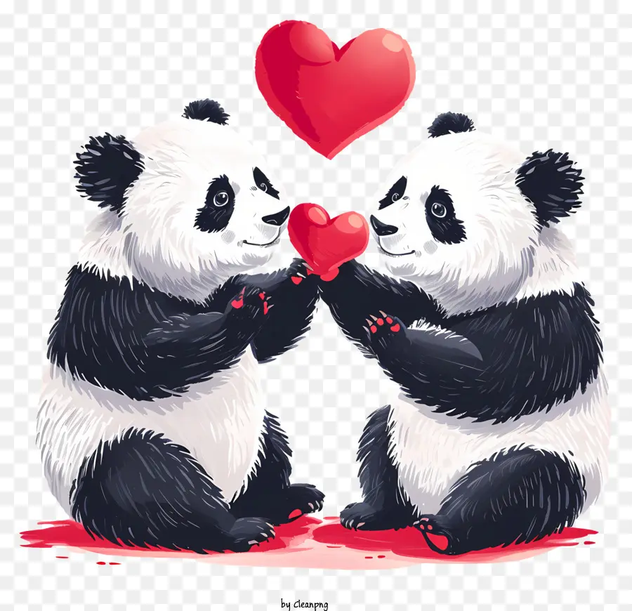 Valentine Panda Panda Bären herzförmige Rock rote Herzen Schwarzer Hintergrund - Zwei Pandas halten Herzen in der Nähe von Felsen stehen