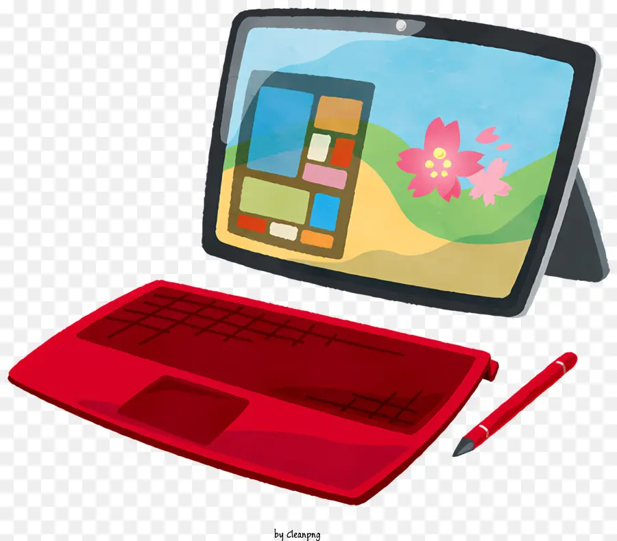 tablet pc red computer flat screen keyboard pencil