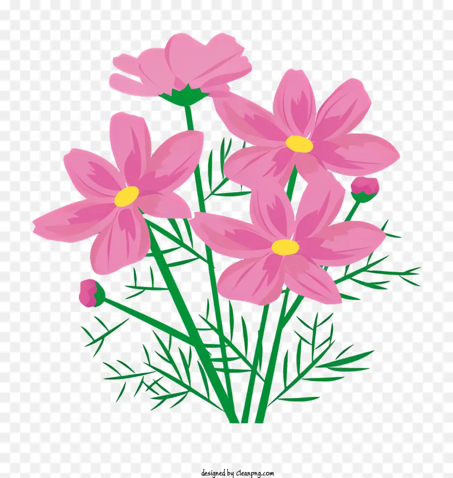 Blumenstraußanordnung rosa Blüten grüne Blätter Vase oder Behälter - Realistische rosa Blumen in einem einfachen Stil