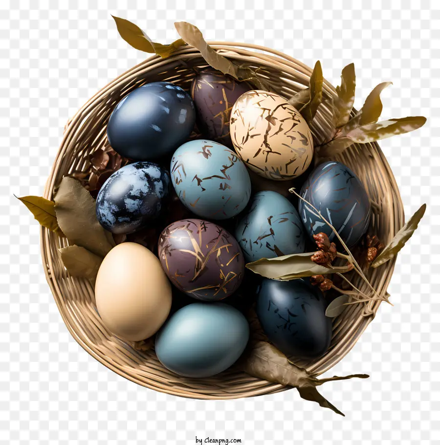 Ostereier im Korb Ostereier Korb mit Eiern gemusterte Eier - Korb mit farbenfrohen gemusterten Ostereiern auf schwarzem Hintergrund