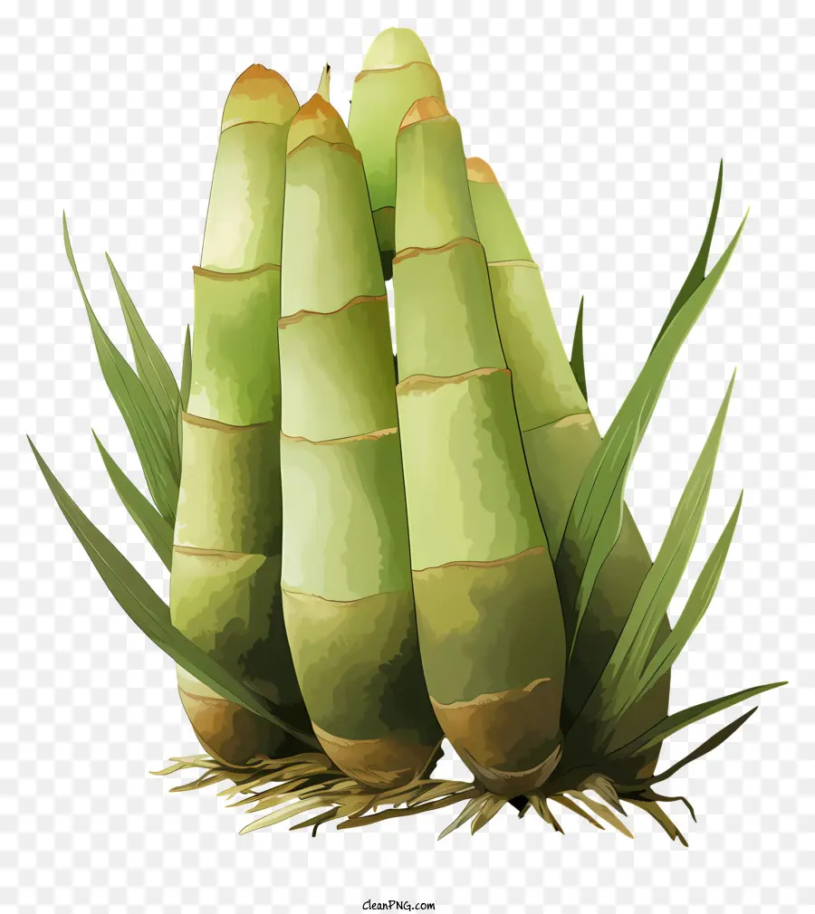 watercolor bamboo shoot grassy ground green leaves stiff texture small flowers