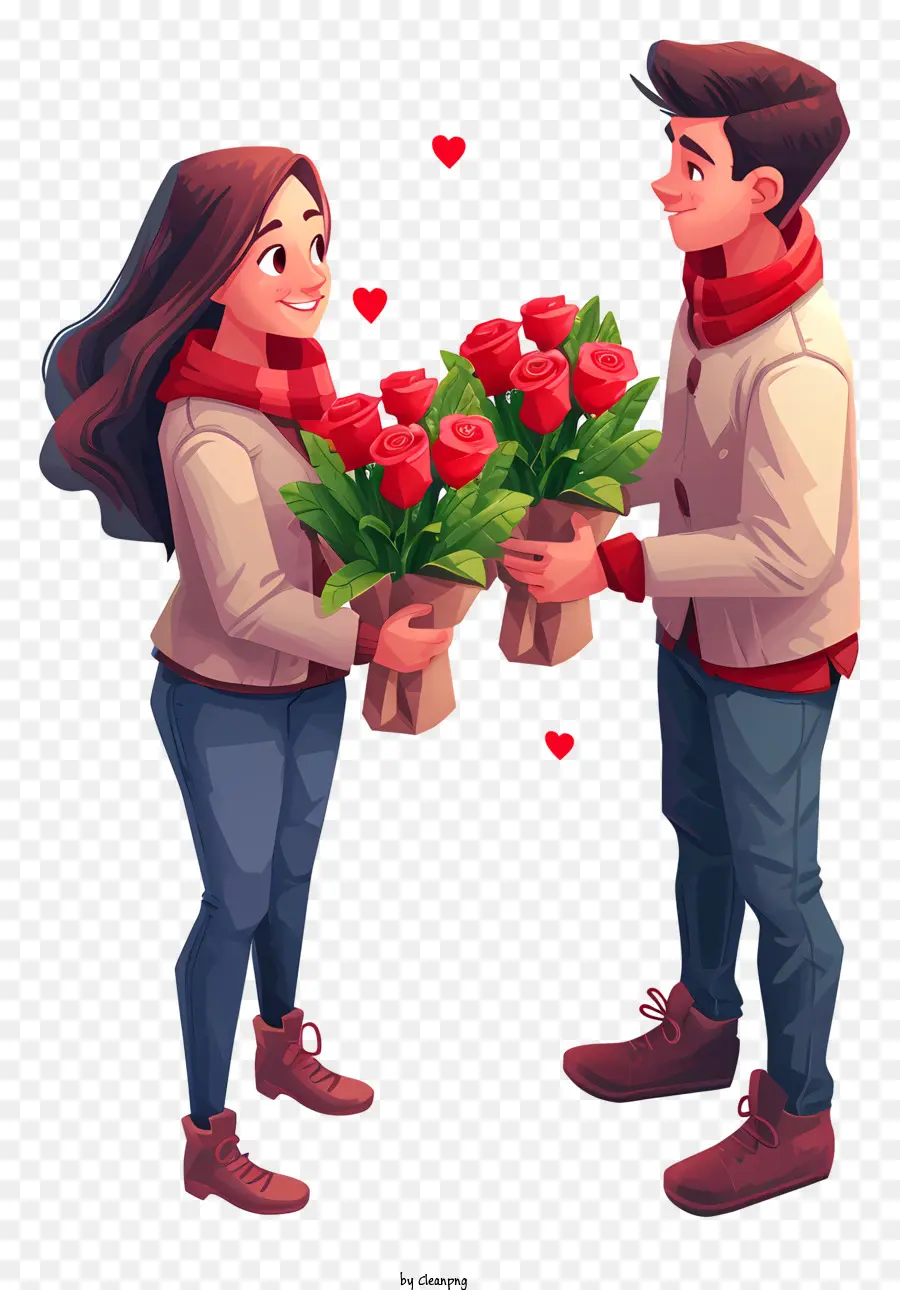 bó hoa hồng - Cặp đôi lãng mạn trong quần áo giản dị, giữ hoa hồng