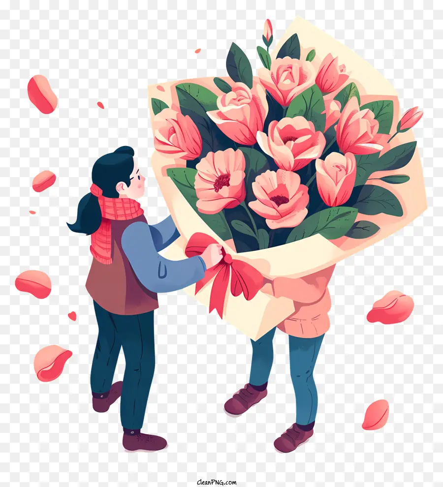 hoa sắp xếp - Người đàn ông cầm hoa tulip màu hồng được bao quanh bởi những bông hoa rải rác