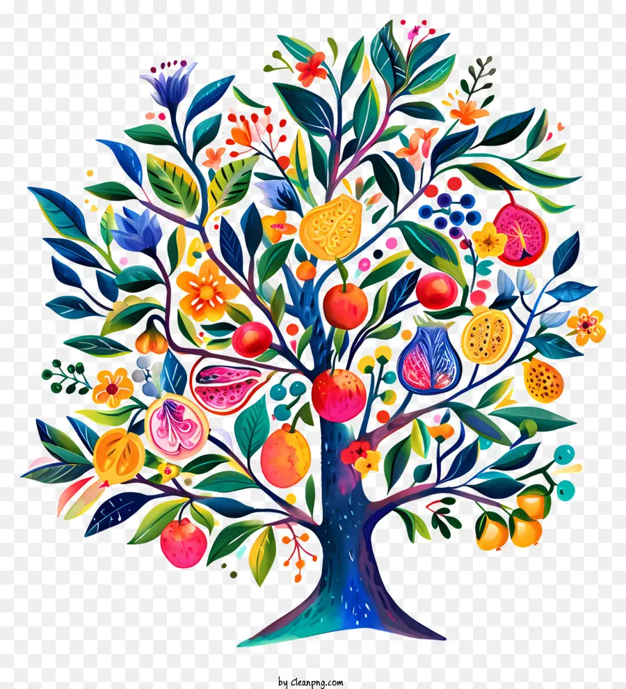 Tu Bishvat Baum mit Obst und Blumen helle und lebhafte Farben Happy und freudige Bildäpfel - Lebendiger Baum mit verschiedenen Früchten und Blumen