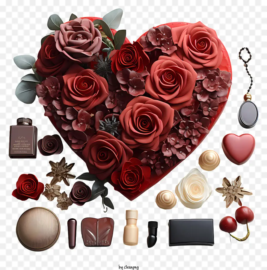 valentines Tag - Romantisches Herz umgeben von luxuriösen Gegenständen