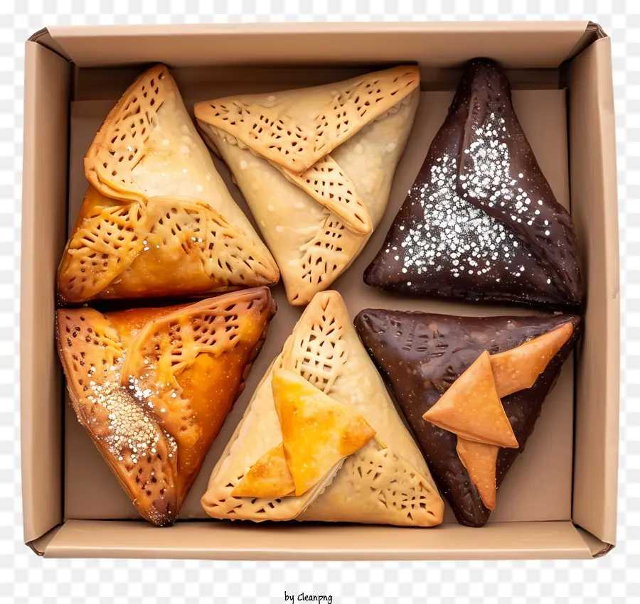 hamantaschen pastries dough sugar decorations brown paper box