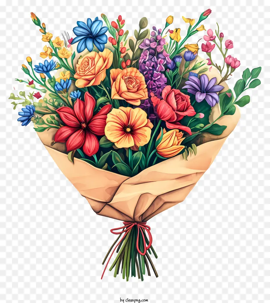 bouquet di fiori - Bouquet colorato avvolto in carta marrone, tenuto a mano, sullo sfondo nero