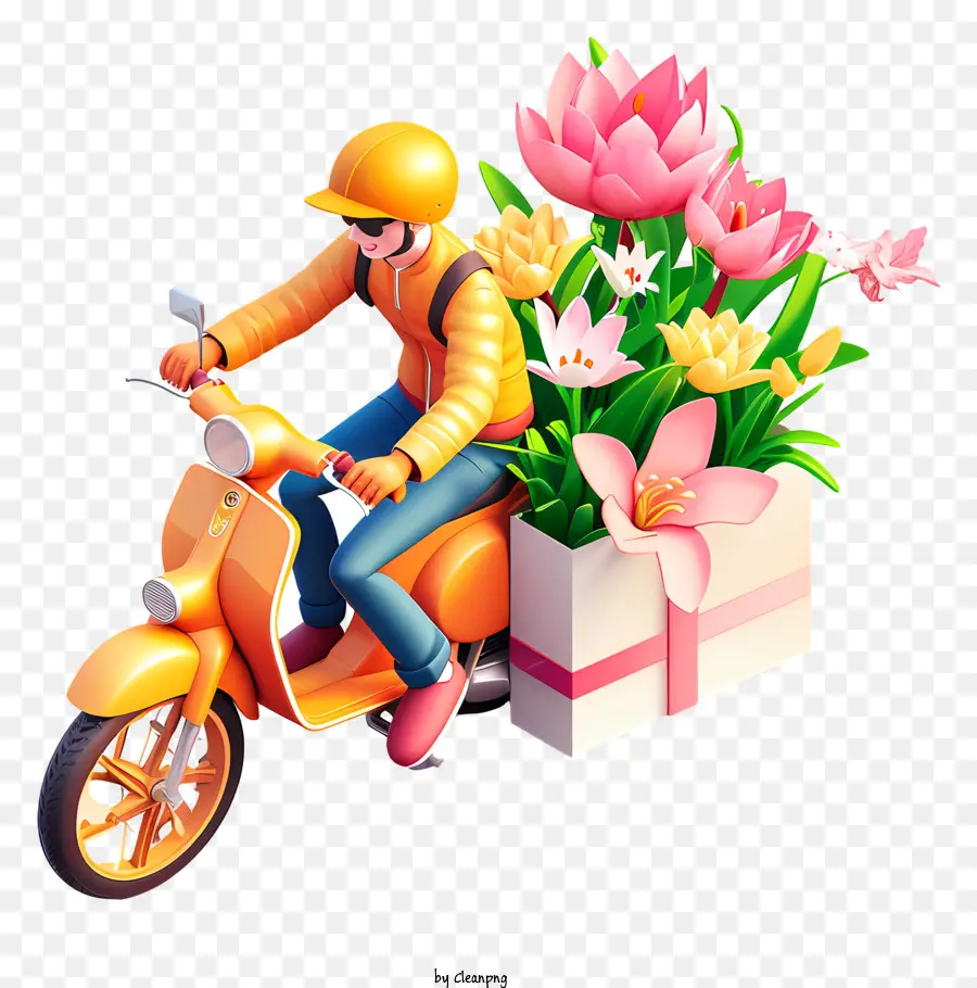 Blumenstrauß - Mann mit Motorrad mit Blumen, umgeben von der Natur umgeben