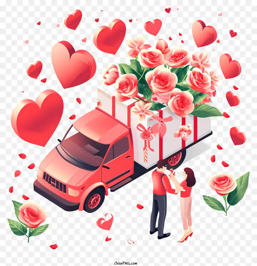 Phân phối hoa Valentine Man Truck Roses - Một người đàn ông với hoa hồng trước xe tải