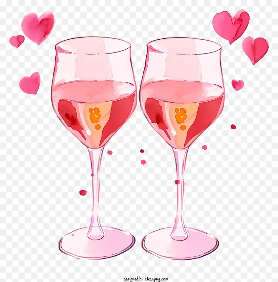 đeo kính - Hai ly rượu vang đỏ với trái tim nổi