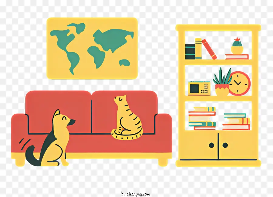 Kunst Hintergrund Katzenhund Couch Bücherregal - Katze und Hund auf Couch mit Bücherregal
