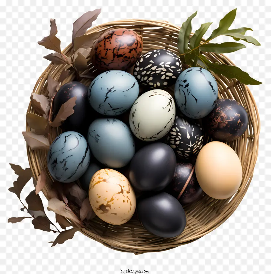 Ostereier im Korb Ostereier Korb mit Eier bunte Eier gesprenkelte Eier - Korb mit dunkelblauen, braunen und grauen Eiern, in verschiedenen Farben gesprenkelt, im kreisförmigen Muster mit Grün angeordnet, auf schwarzem Hintergrund