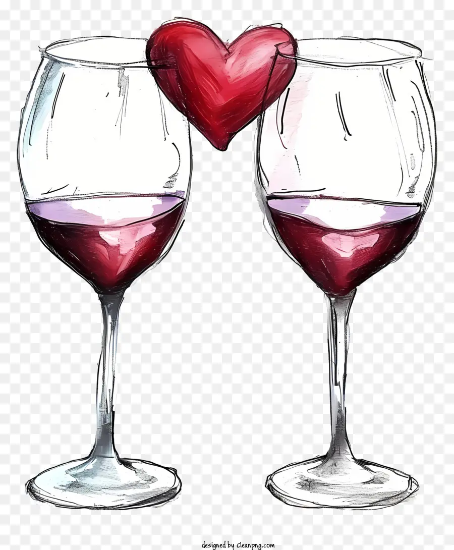 Valentinstag Weingläser Skizze Linie Weingläser Rotwein herzförmiger Liebe - Symbolische Weingläser mit herzförmigem Ausschnitt. 
Mystisches Ambiente