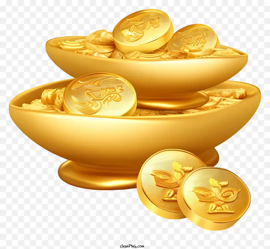 Trendy Retro -Stil chinesische Goldimbots Goldmünzen Coin Bowl Verschiedene Größen Verschiedene Farben - Goldmünzenschale auf schwarzem Hintergrund mit 4 Münzen