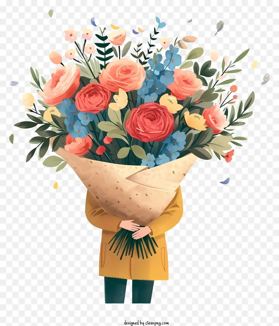 Giao hoa cho người phụ nữ valentine hoa bó hoa - Người phụ nữ cầm bó hoa đầy màu sắc, được bao quanh bởi những bông hoa