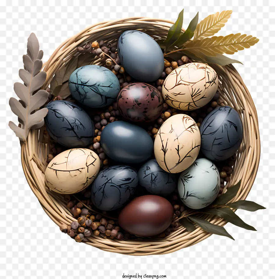Trứng Phục sinh trong giỏ trứng tự nhiên lá màu nâu và đen lá và quả trứng lốm đốm - Bát trứng màu nâu và đen với lá và quả