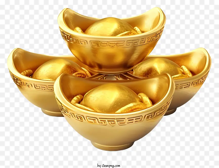 Chinesische Goldimbots illustrieren Goldschalen Pyramidenform Komplizierte Designs geschmückte Griffe - Drei Goldschalen in Pyramidenform angeordnet