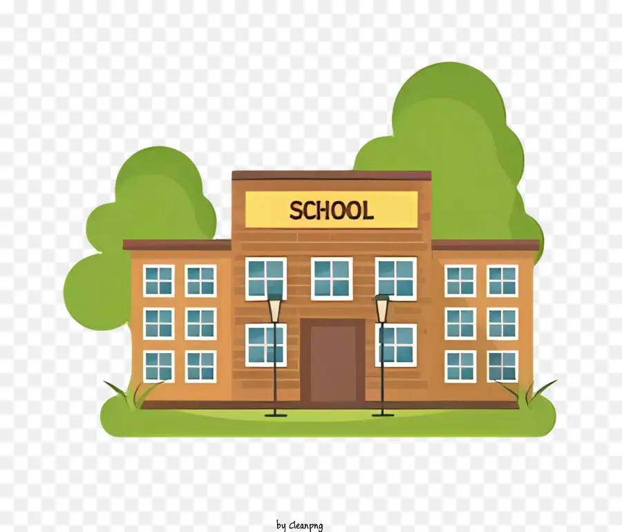 cartoon Schule - Backsteinschulgebäude mit zwei Türmen und Bäumen