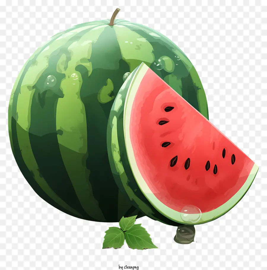 grünes Blatt - Halb gegessene rote Wassermelone mit grünem Blatt
