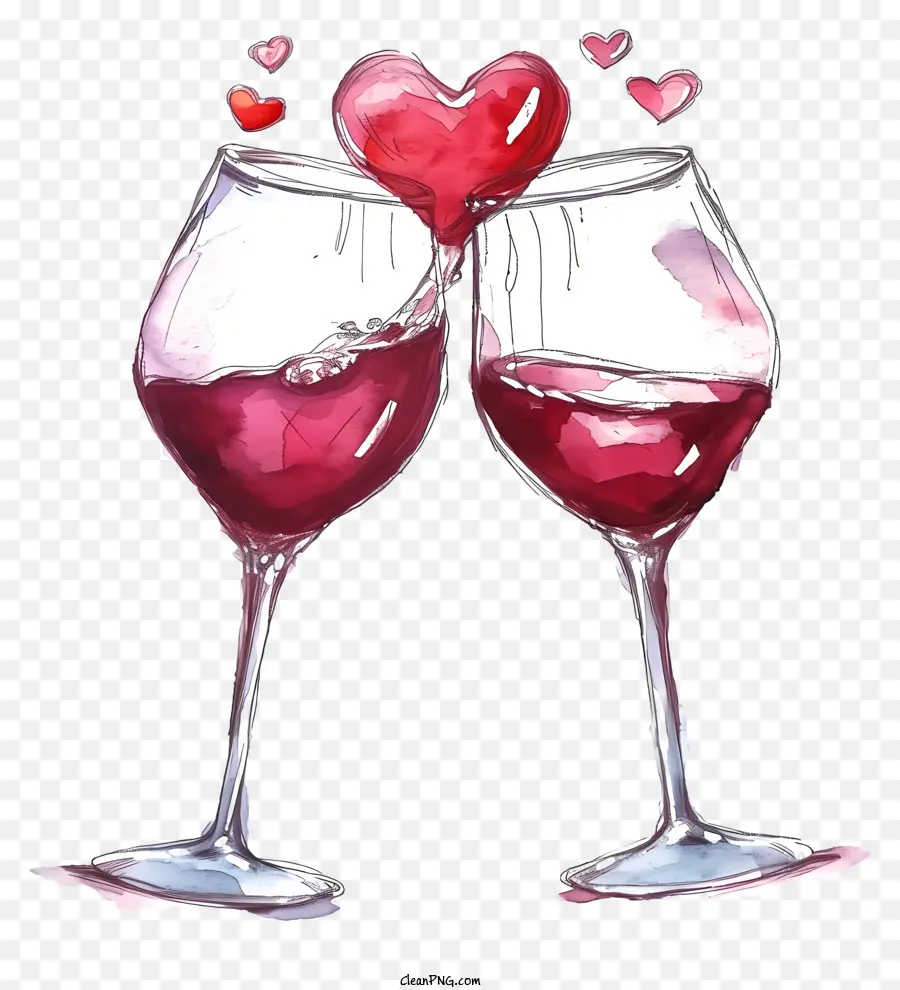 Valentinstag Weingläser Skizze Linie Weingläser Rotwein Gossen Wein Herzformen - Zwei Weingläser, die Rotwein gießen, herzförmig