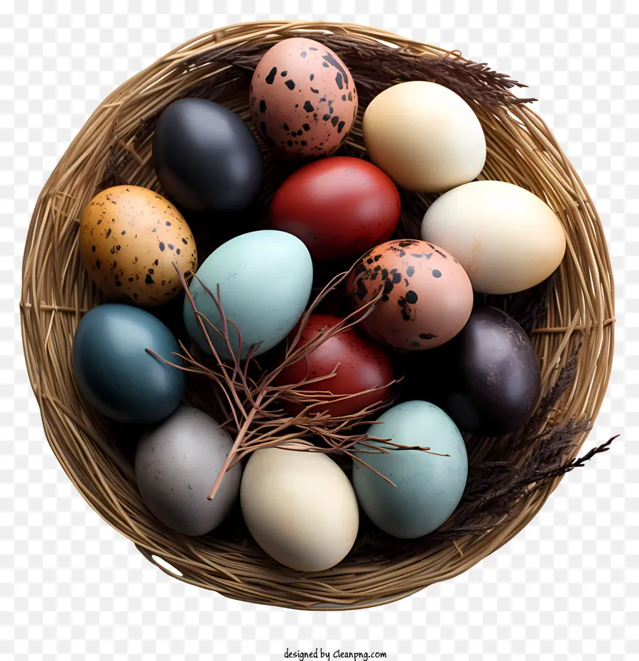 Ostereier in Korb Ostereier Bunte Eier gewebt Korb Frühlingsferien Feiertage - Farbenfrohe, appetitliche Eier im gewebten Korb für Apps