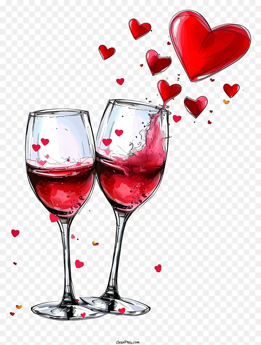 Valentine Wine bicchiere Schizzo Linea di vino rosso IMMAGINE REDE CARTI ROSSO - Immagine romantica di bicchieri da vino rosso traboccante