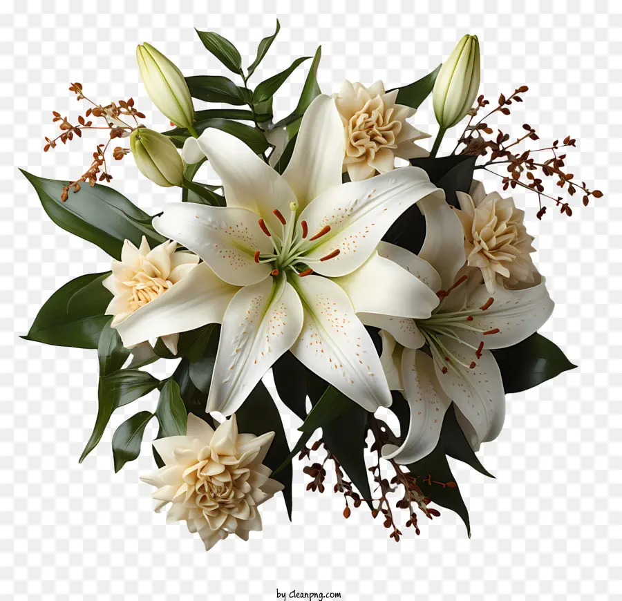 griglie bianche bianche bianche di ninniccate garofano rosso vegetazione - Bouquet bianco con gigli, vegetazione e garofani rossi
