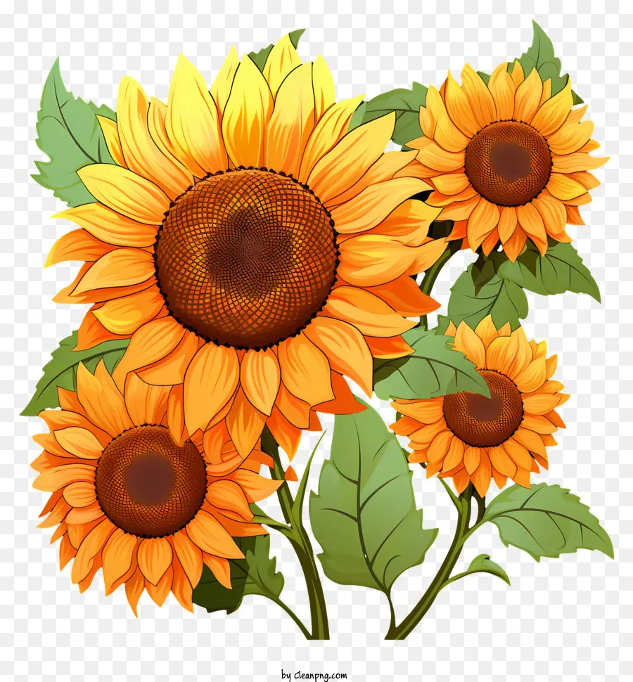 hand drawn sunflower sunflowers orange petals dark centers green leaves