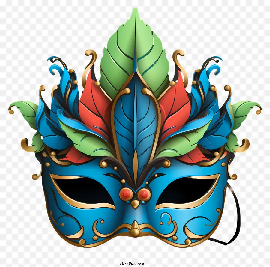 Handgezogene Maskerade -Maske Blaue Maske Dekorative Maske grüne Blätter rote Blätter - Elegante Maske mit farbenfrohen Blättern und Augen