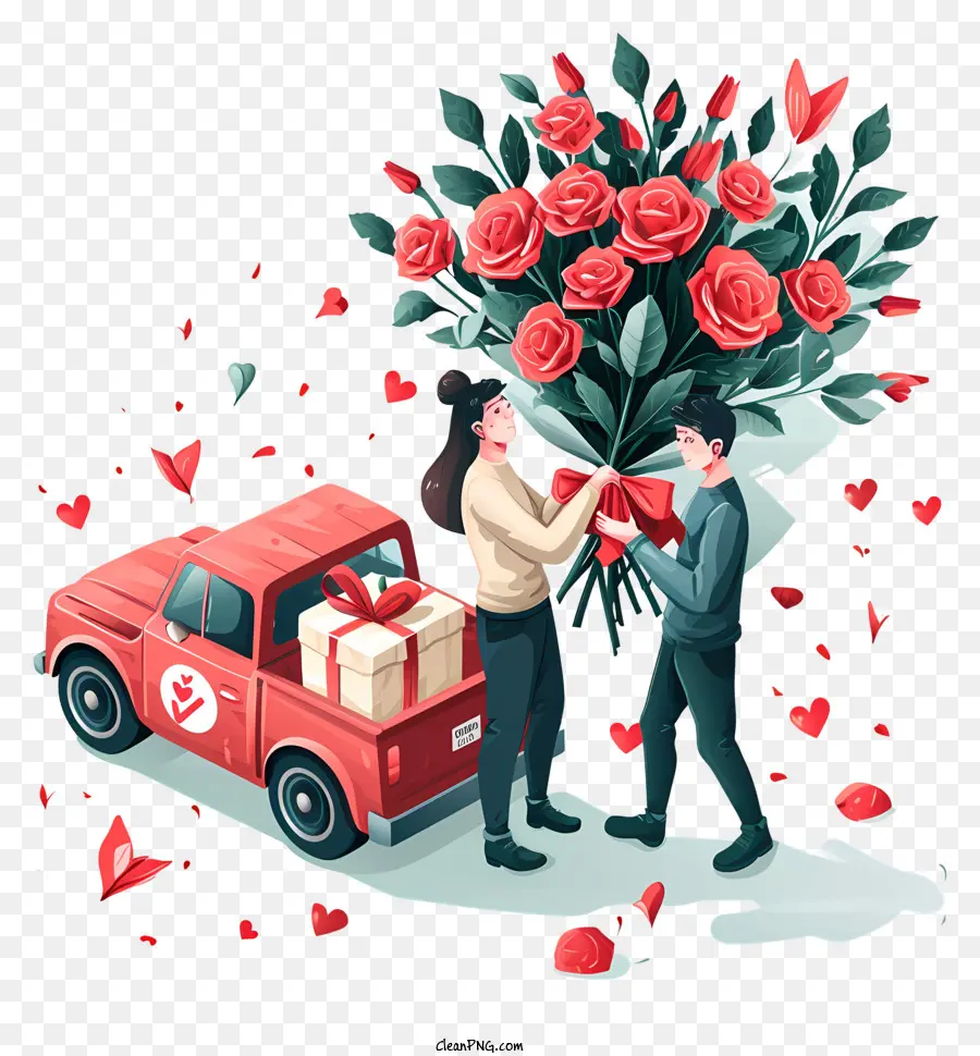 Rote Rosen - Paar mit Rosen in einem roten LKW