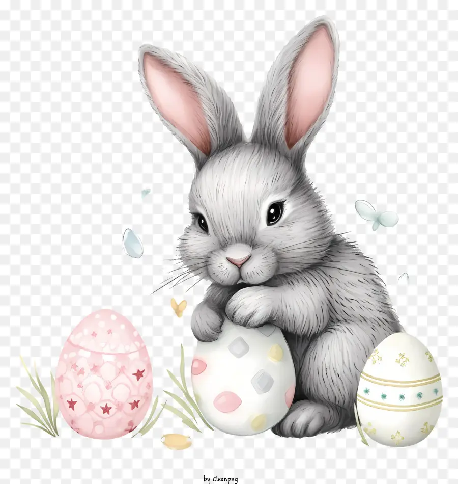 trứng phục sinh - Chú thỏ xám với biểu cảm vui tươi giữ trứng