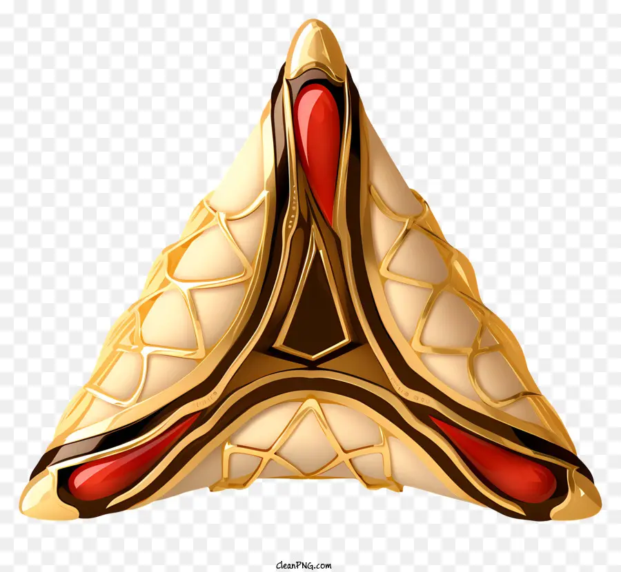 Realistische 3D -Stil Purim Hamantash Goldskulptur Rote Skulptur Schwarz Skulptur Dreieck Skulptur - Skulptur Gold, Rot und schwarzes Dreieck mit komplizierten Mustern und glänzender Oberfläche