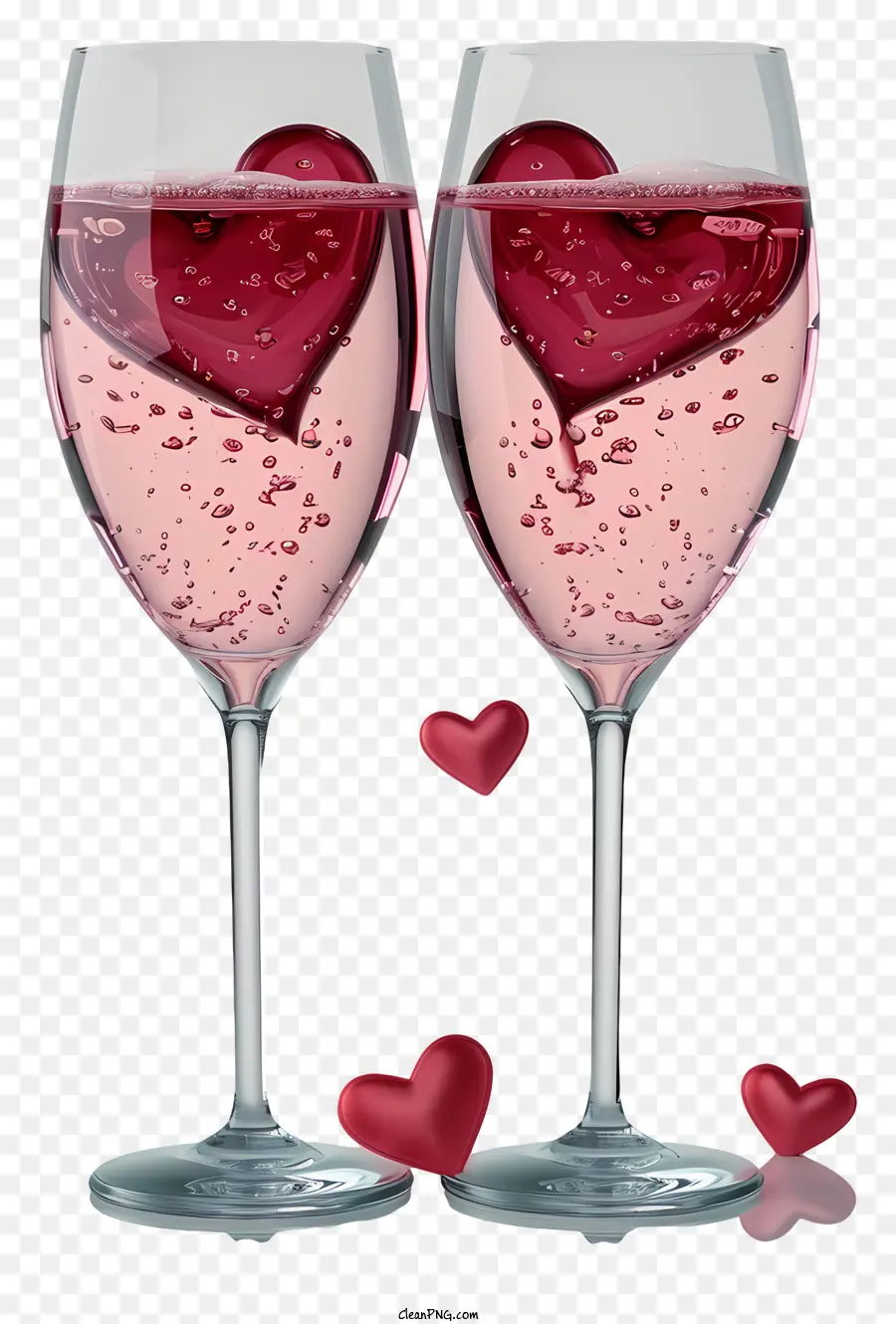 Valentinstag Weingläser illustrieren Weingläser Herzen rosa flüssige herzförmige Tröpfchen - Realistisches Bild von Weinbrillen mit schwimmenden Herzen