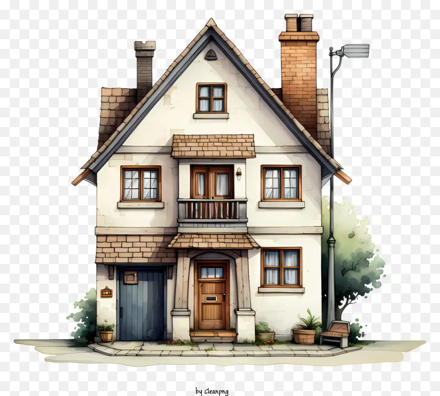 casa cartone animato casa a due piani casa inclinata porta garage porta - Casa di cartoni animati con giardino, garage e camino